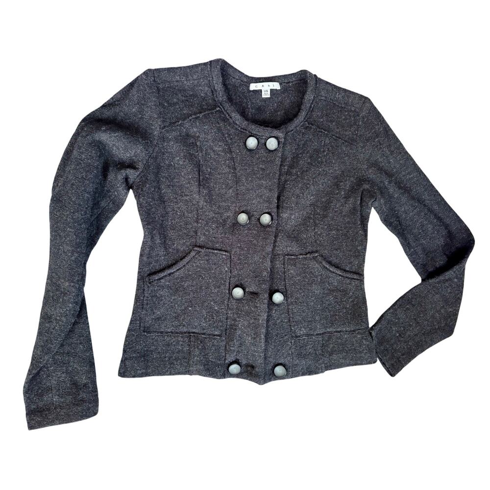 CAbi My Fair Wool Charcoal Gray Double Breast Women XS Cropped Cardigan Sweater